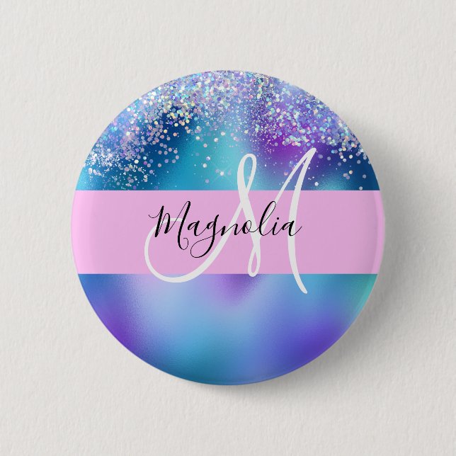 Glam Holographic Mermaid Glitter Sparkle Monogram 6 Cm Round Badge (Front)