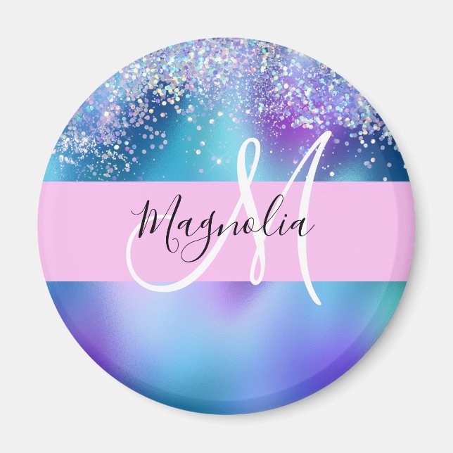 Glam Holographic Mermaid Glitter Sparkle Monogram Magnet (Front)