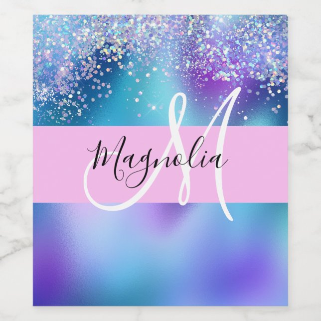 Glam Holographic Mermaid Glitter Sparkle Monogram Wine Label (Single Label)