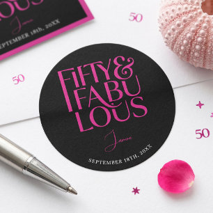 Glam Hot Pink Black Chic 50 & Fabulous Birthday  Classic Round Sticker