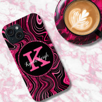 Glam Hot Pink Black Marble Agate Glitter Monogram