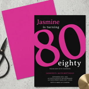Glam Hot Pink Black Turning 80 Eighty Birthday Invitation