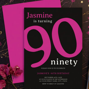 Glam Hot Pink Black Turning 90 Ninety Birthday Invitation