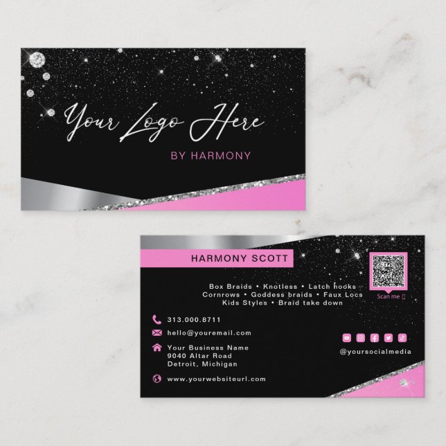 Glam Hot Pink Glitter Diamond Service or Brand Business Card (Front/Back)