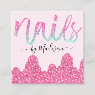 Glam Hot Pink Glitter Drips Nails Manicure Salon Square Business Card