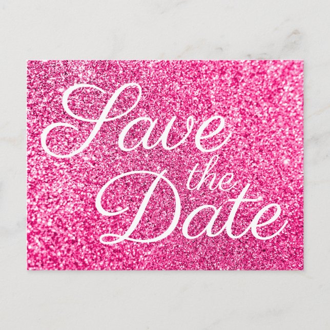 Glam Hot Pink Glitter Photo Save the Date Postcard (Front)