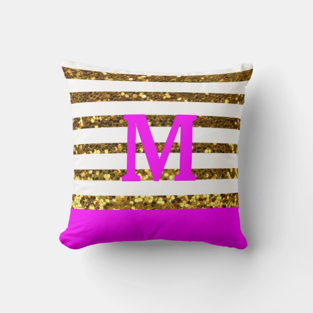 Glam/Hot Pink Gold Sequins Stripes/Personalised Cushion (Front)