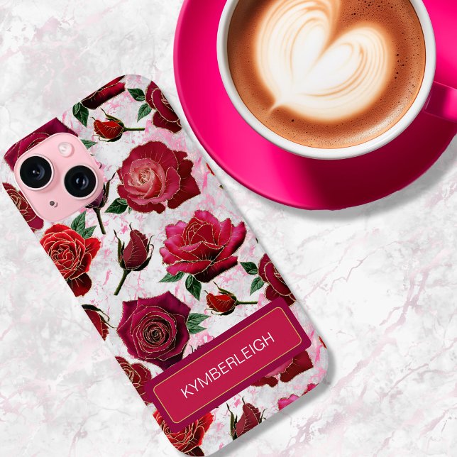 Glam Hot Pink Purple Roses Marble Monogram Name Case-Mate iPhone Case (Creator Uploaded)