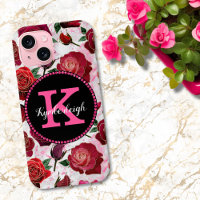 Glam Hot Pink Roses Marble Diamond Monogram Name