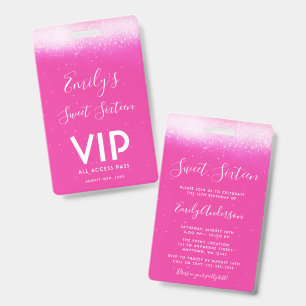 Glam Hot Pink Sweet 16 Invitation VIP Pass Badge ID Badge