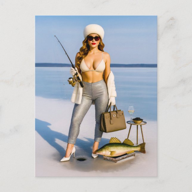 Glam Ice Fishing with Caviar and Champagne Holiday Postcard (Front)