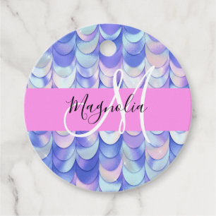 Glam Iridescent Blue Mermaid Scales Name Monogram Favour Tags
