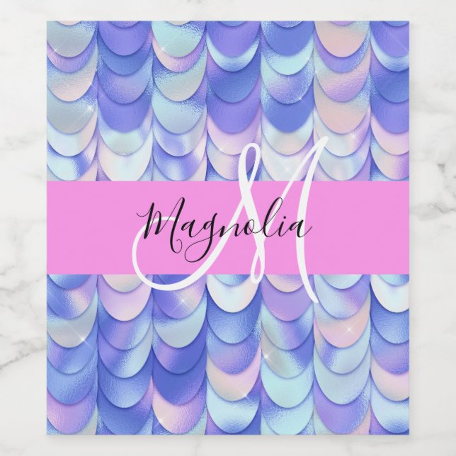 Glam Iridescent Blue Mermaid Scales Name Monogram Wine Label (Single Label)