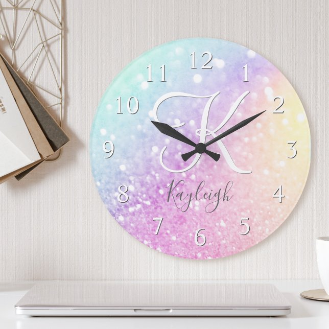 Glam Iridescent Glitter Personalised Colourful Round Clock (Creator Uploaded)