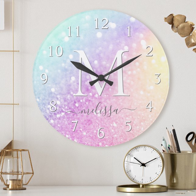 Glam Iridescent Glitter Personalised Colourful Round Clock (Creator Uploaded)