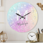 Glam Iridescent Glitter Personalized Colorful Round Clock<br><div class="desc">Easily personalize this elegant colorful bokeh glitter pattern with your custom name and/or monogram.</div>