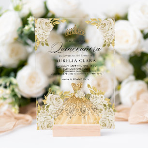 Glam Ivory Gold Dress Floral 15th Quinceañera Acrylic Invitations