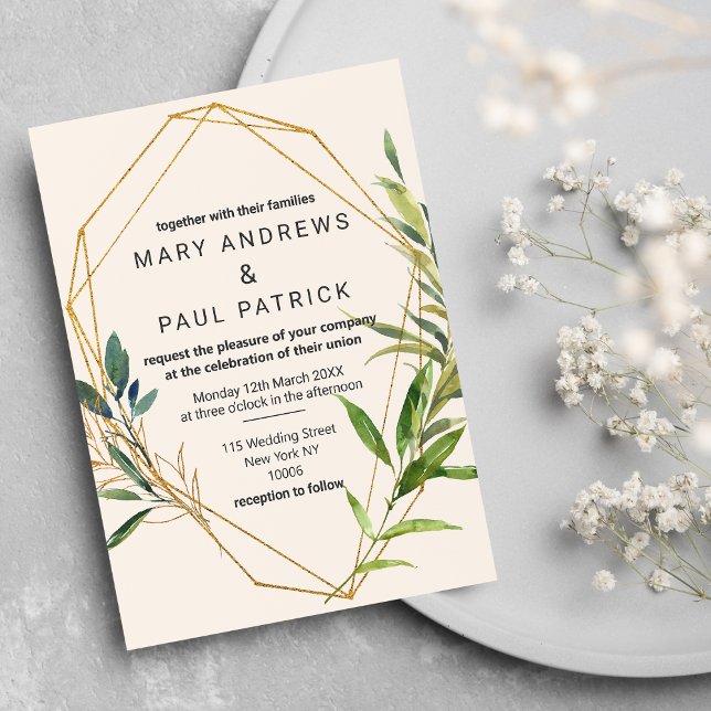 Glam Ivory Gold Glitter Foliage Terrarium Wedding  Invitation (Glam Ivory Gold Glitter Foliage Terrarium Wedding )