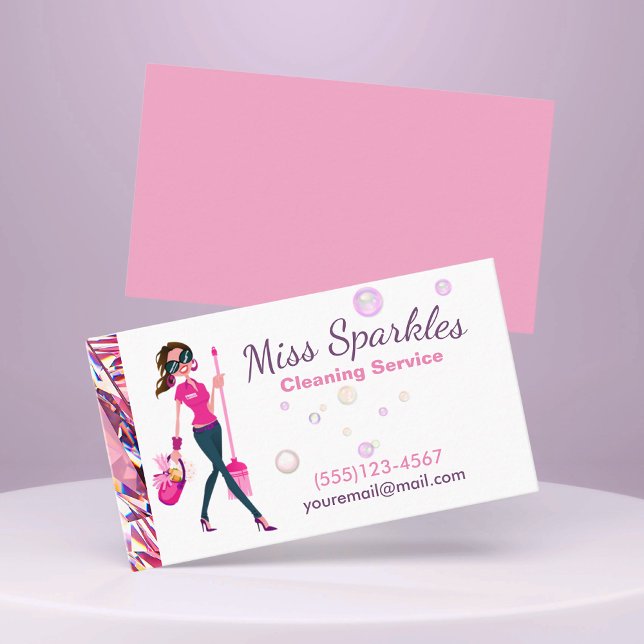 Glam Jewel Cartoon Maid House Cleaning Services Business Card (Creator Uploaded)