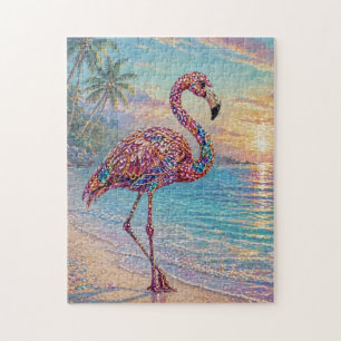 Glam Jewel Tone Flamingo on Tropical Beach Jigsaw Puzzle