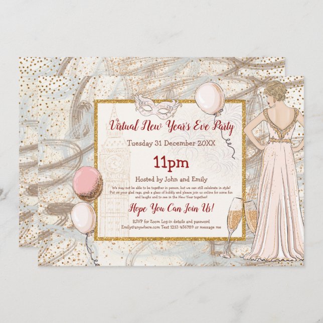 Glam Lady Confetti Sparkly Virtual New Year Party Invitation (Front/Back)