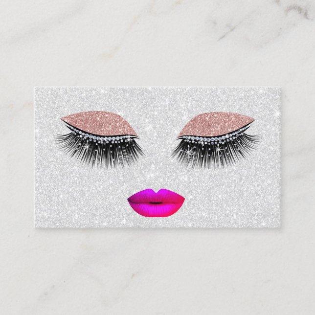 Glam Lashes Hot Pink Lips Makeup Artist Silver Business Card (Front)