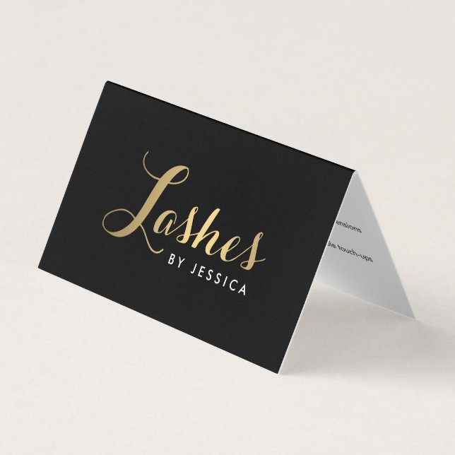 Glam Lashes Script Text Gold/Black Aftercare Business Card (Front)
