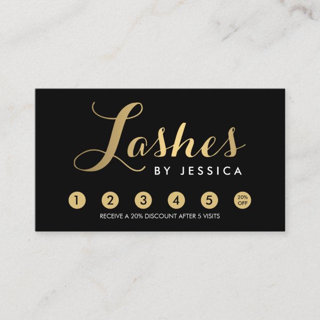 Glam Lashes Script Text Gold/Black Loyalty Card (Front)