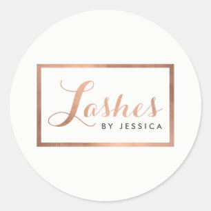 Glam Lashes Script Text Rose Gold Framed Classic Round Sticker