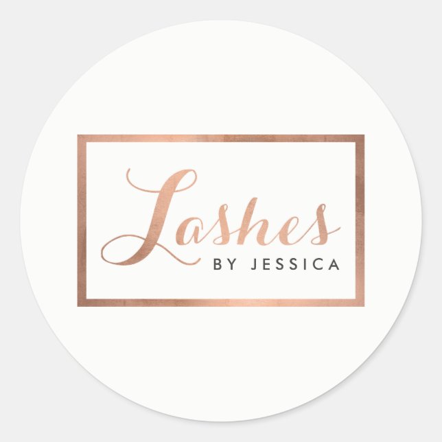 Glam Lashes Script Text Rose Gold Framed Classic Round Sticker (Front)
