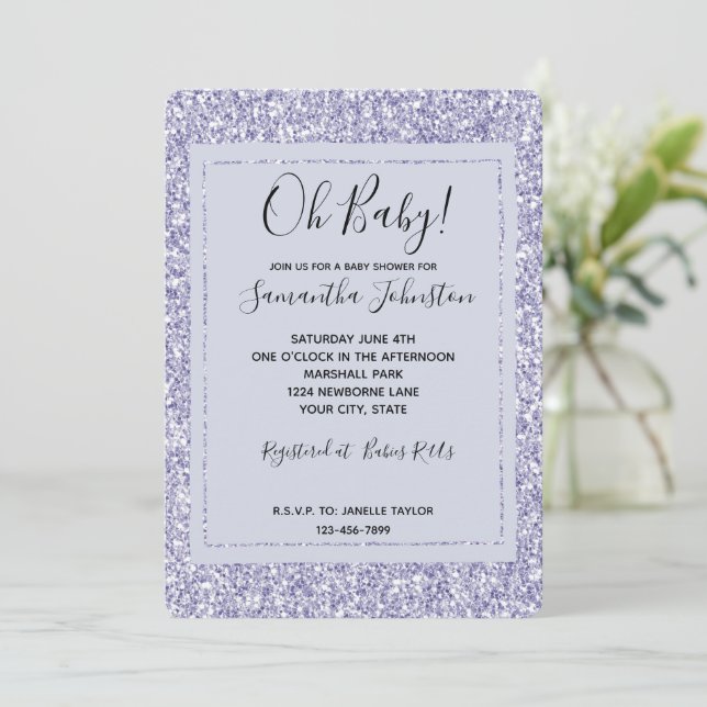 Glam Lavender Lilac Purple Glitter Baby Shower Invitation (Standing Front)