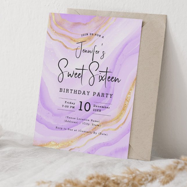 Glam Lavender Purple Marble Glitter Sweet 16 Party Invitation (Glam Lavender Purple Marble Glitter Sweet 16 Party Invitation)