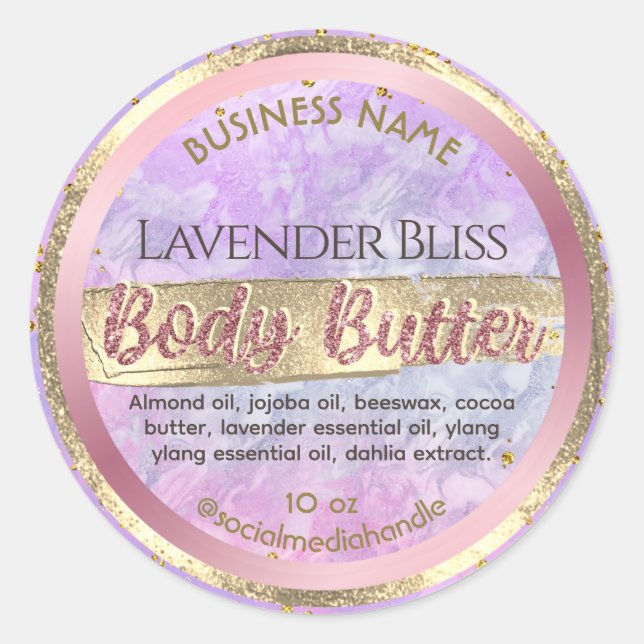 Glam Lavender Purple Marble Rose Gold Body Butter Classic Round Sticker (Front)
