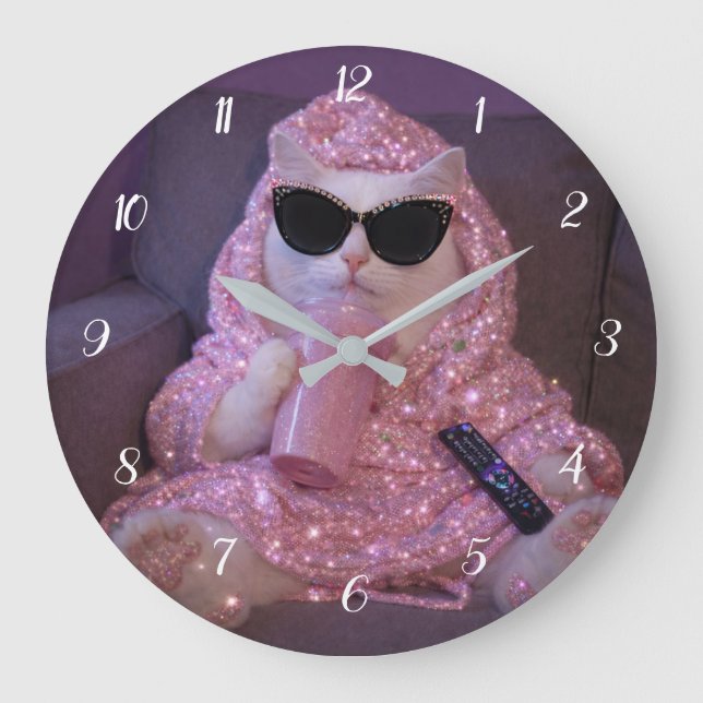    Glam Lazy Cat in Sunglasses with Sparkl         Large Clock (Front)