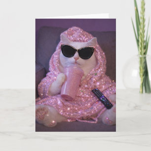 Glam Lazy Cat in Sunglasses with Sparkly Drink Card