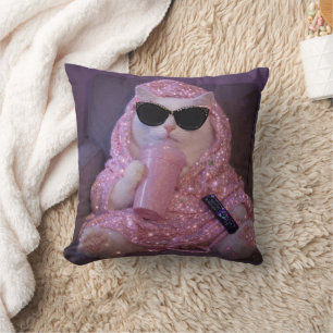 Glam Lazy Cat in Sunglasses with Sparkly Drink Cushion