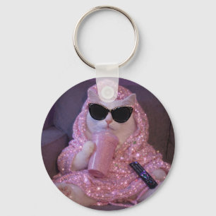 Glam Lazy Cat in Sunglasses with Sparkly Drink Key Ring
