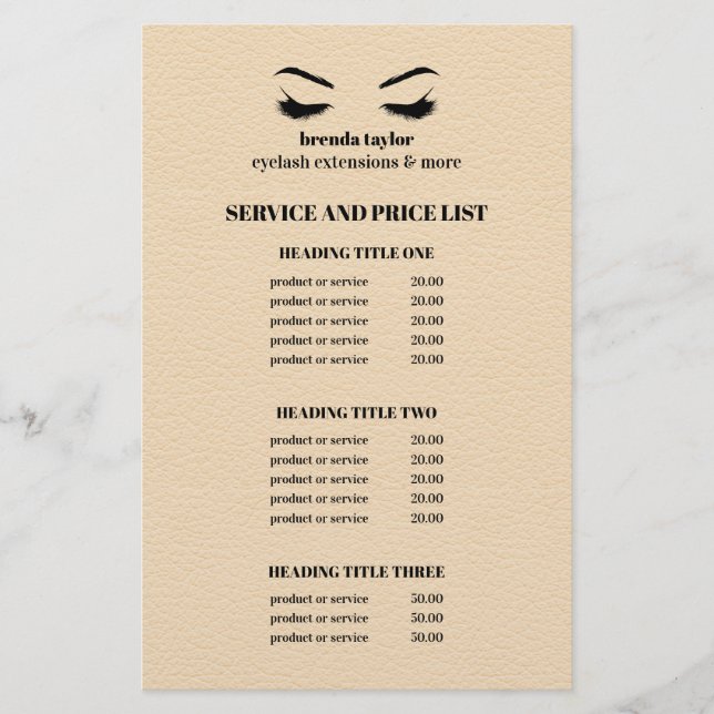 Glam LEATHER BEIGE EYELASH SALON SERVICE LIST Flyer (Front)