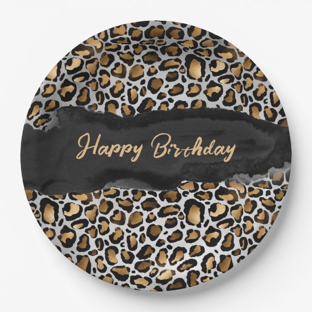 Glam Leopard Happy Birthday Paper Plate (Front)
