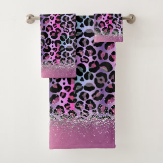 Glam Leopard Pink and Purple Glitter Bath Towel Set