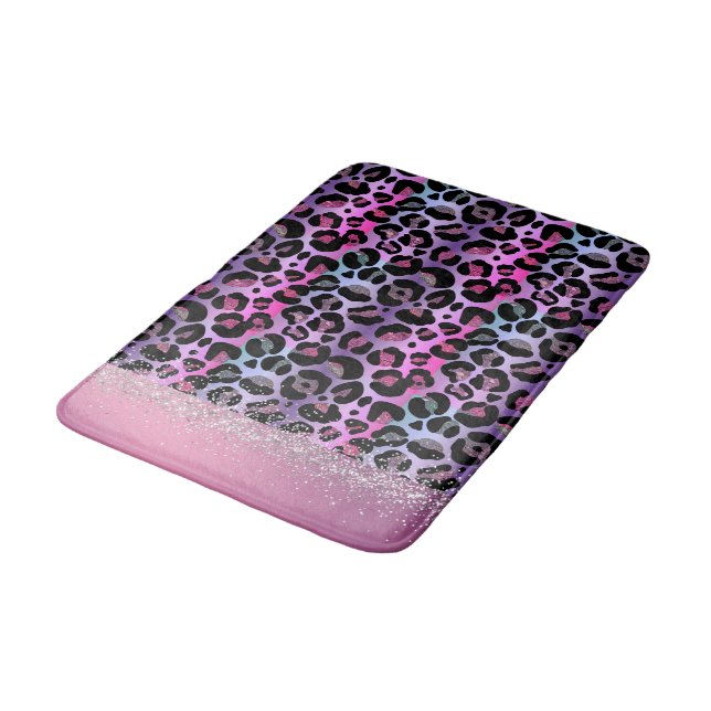 Glam Leopard Pink and Purple Monogram Bath Mat (Angled)