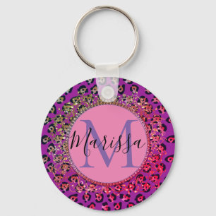 Glam Leopard Pink and Purple Monogram Key Ring