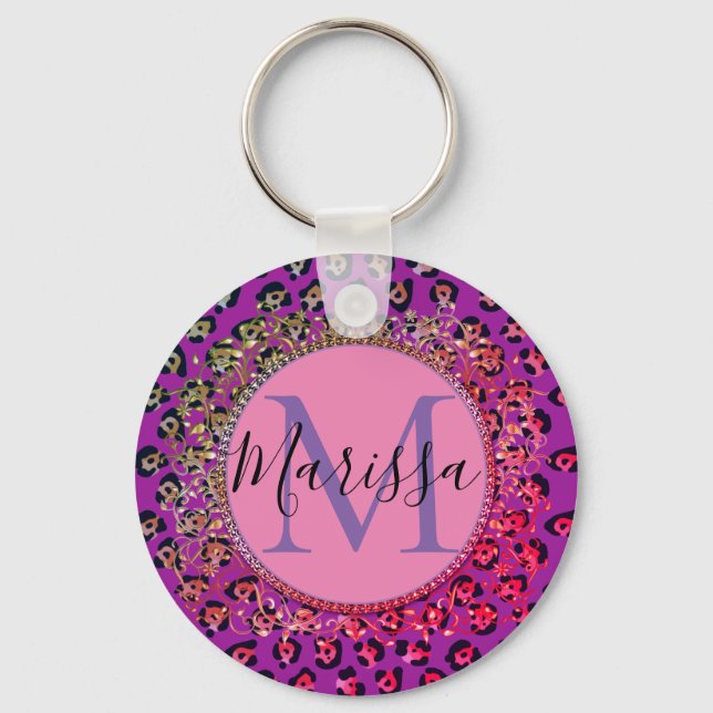Glam Leopard Pink and Purple Monogram    Key Ring (Front)