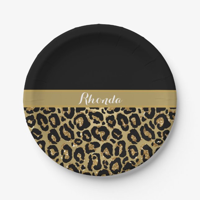 Glam Leopard Print Glitter Elegant Stylish Paper Plate (Front)