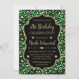 Glam Leopard Print Gold Green Black Birthday Invitation