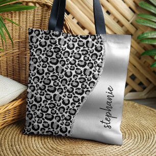 Glam Leopard Spots Black Silver Metallic Name Tote Bag