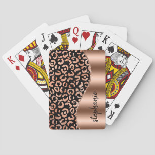 Glam Leopard Spots Rose Gold Black Metallic Name Playing Cards