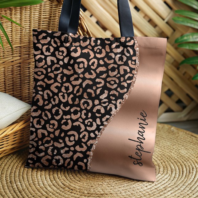Glam Leopard Spots Rose Gold Black Metallic Name Tote Bag (Creator Uploaded)