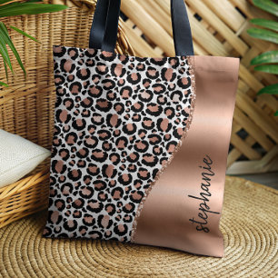 Glam Leopard Spots Rose Gold Metallic Name Tote Bag