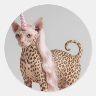 Glam Leopard Unicorn Cat in Pink Fur Heels Classic Round Sticker